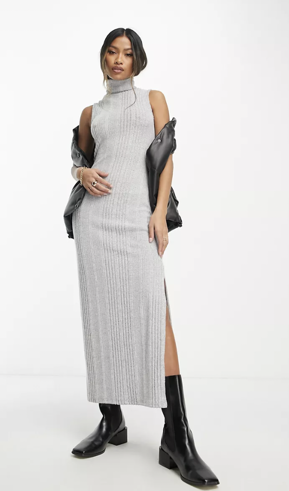 ASOS Roll Neck Sleeveless Midi Supersoft Rib Grey