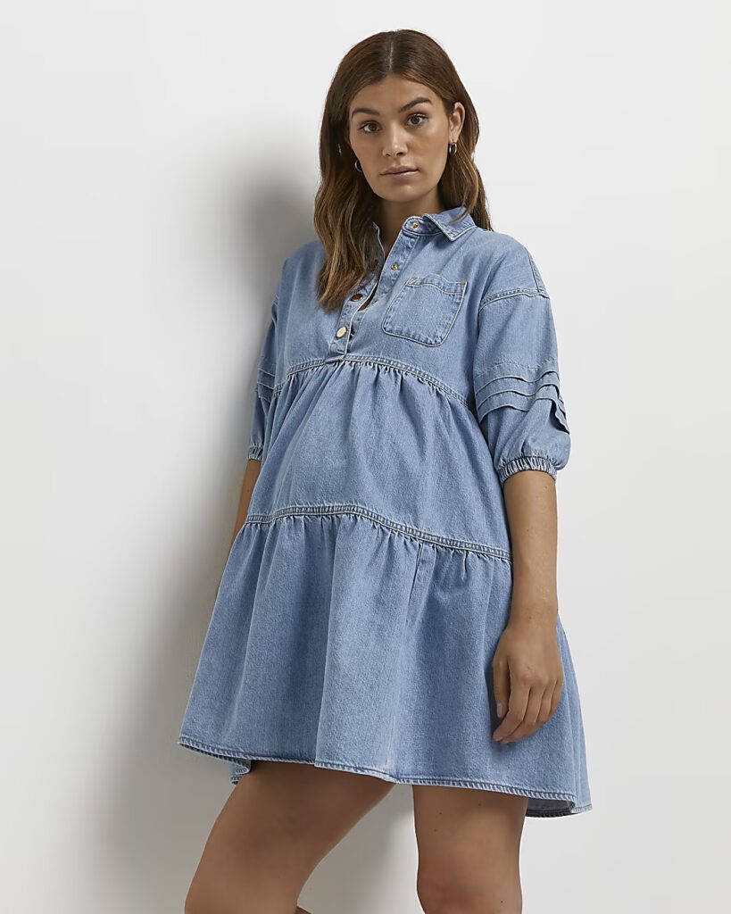 River Island Blue Denim Tiered Maternity Smock Dress 