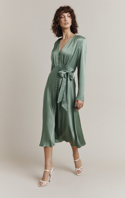 Ghost Meryl Satin Midi Dress Antique Green