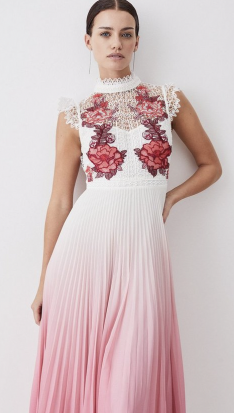 Karen Millen Petite Rose Guipure Lace Woven Pleated Skirt Midi Dress