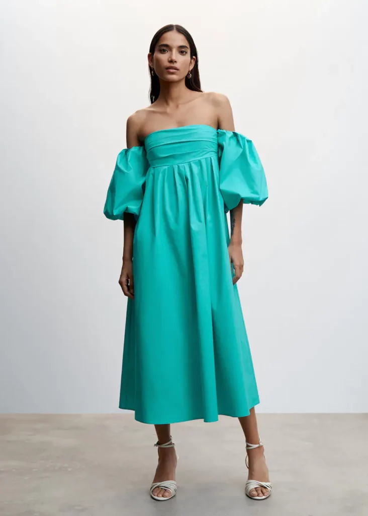 Mango Puffe Sleeve Midi Dress Turquoise