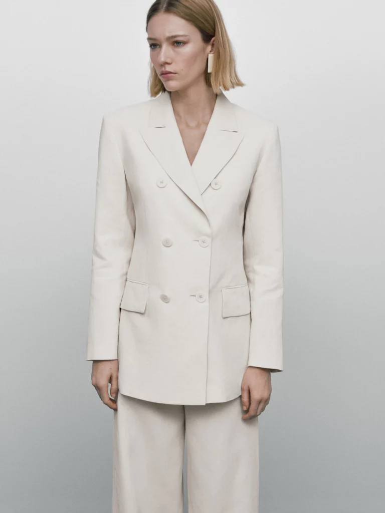 Massimo Dutti Double Breasted Linen Suit Blazer White