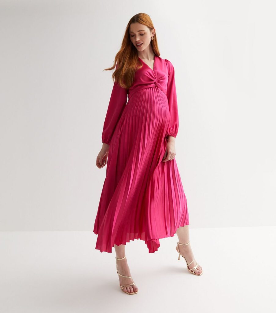 New Look Maternity Bright Pink Satin Twist Front Pleated Midi Dress