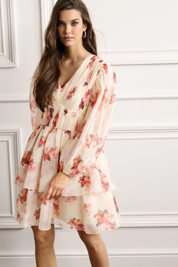 Next Cream Floral Print Long Sleeve Tiered Mini Dress