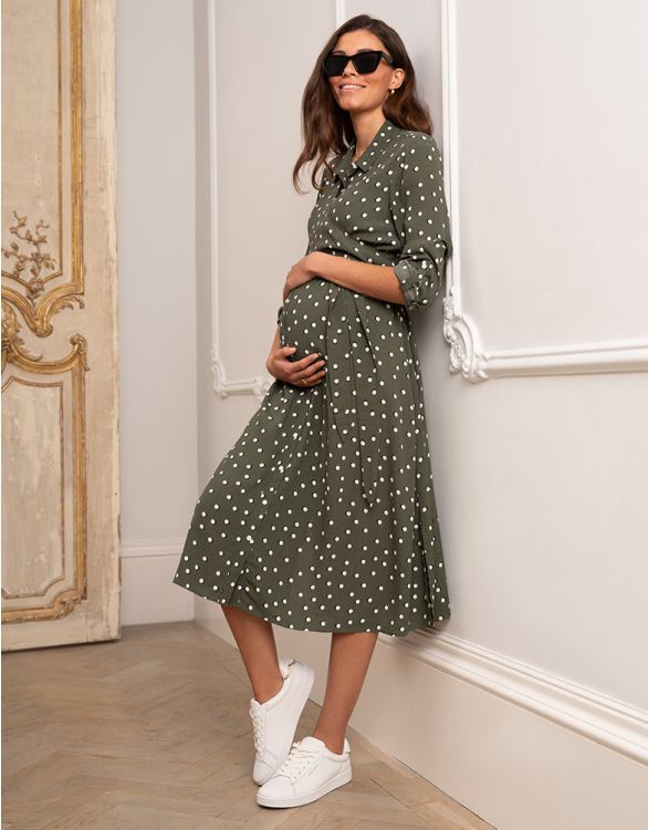 Seraphine Khaki Nursing Midi Polka Dot Dress