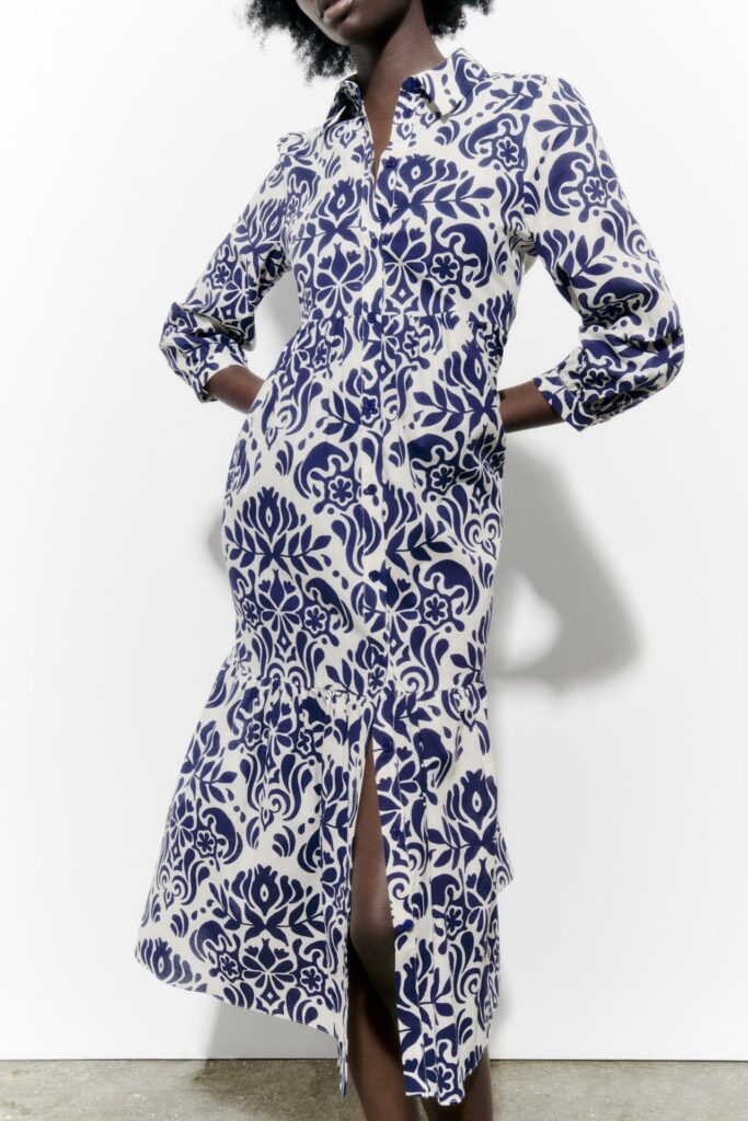 Zara Printed Mini White Blue Dress