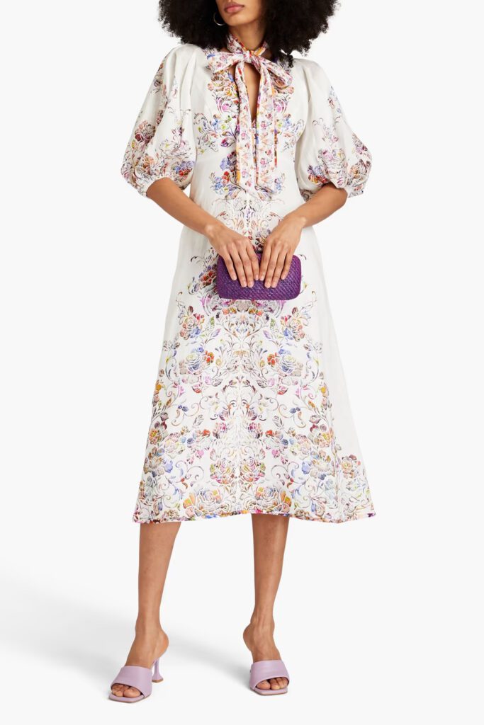 Zimmerman Midi Bow Floral Print Linen Dress