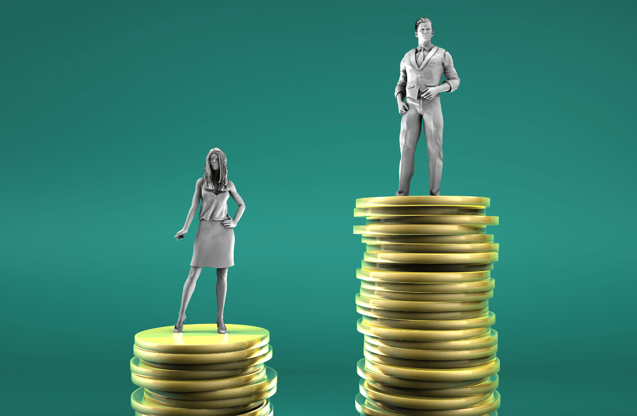 Gender Pay Gap Worse For Single Women - man stands on more money than woman