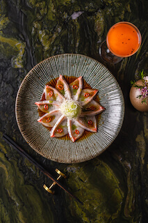 Yellowtail Sashimi Spicy Ponzu Shiso Chili Dish at The Aubrey, London by Head Chef and Sushi Master Miho Sato