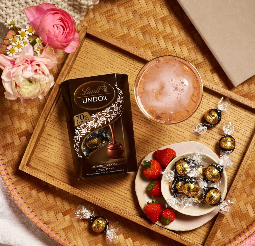 Lindt LINDOR Dark 70% Chocolate Truffles on a Breakfast Tray - Galentine's Day Chocolates