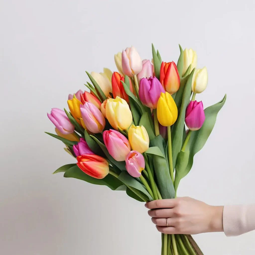 Woman Holding Bunch of Mixed Colour Tulips - Lov Seasonal Flower Delivery UK 