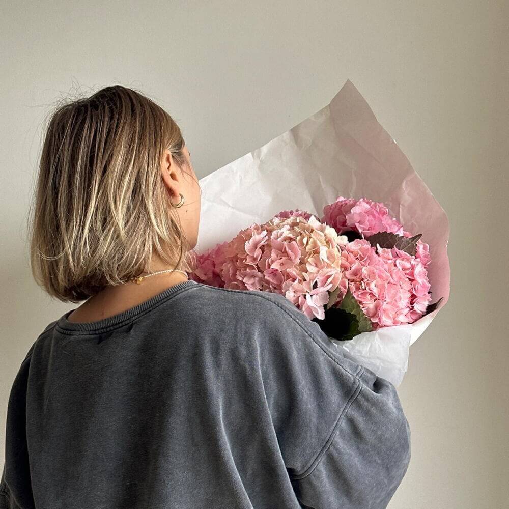 Woman Holding Bouquet of Pink Hydrangeas Flowwow Online Flower Delivery Service London