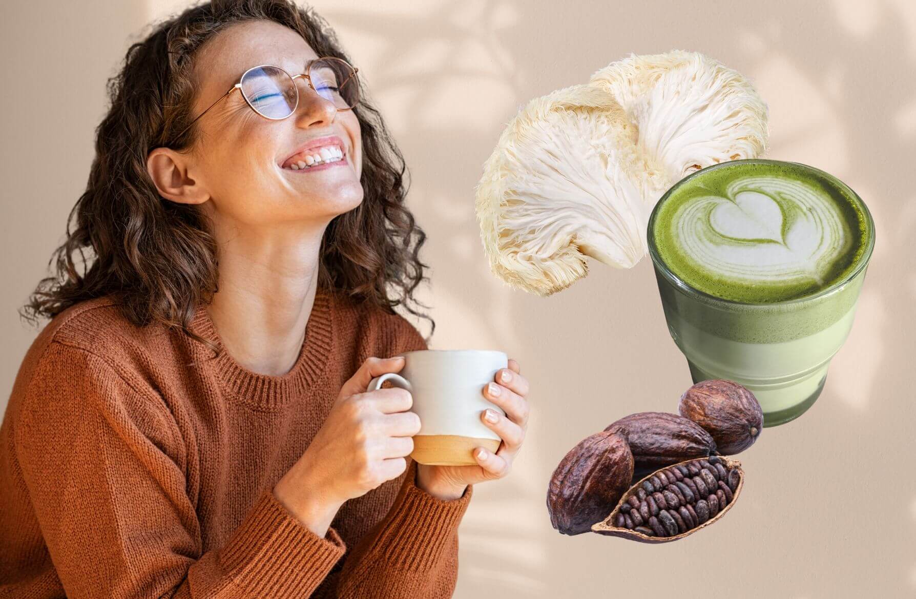 Woman Drinking Coffee Alternatives - Matcha Tea, Lions Mane Mushrooms, Cocoa Beans