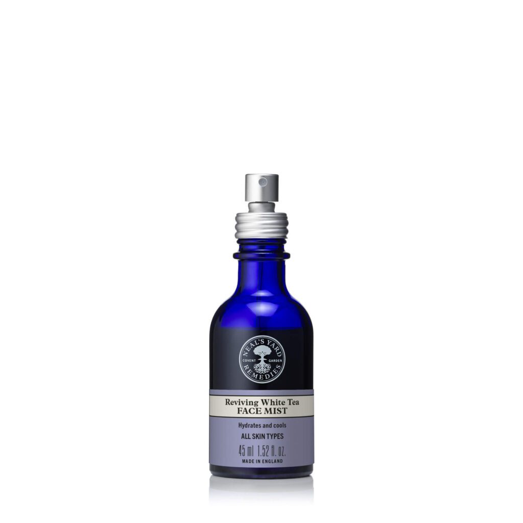 Neal’s Yard Remedies Reviving White Tea Face Mist – 45ml hydrating and cooling facial spray for all skin types in a blue glass bottle