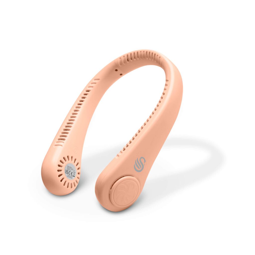 Peach-coloured Swan wearable neck fan, a portable cooling gadget ideal for surviving the heatwave