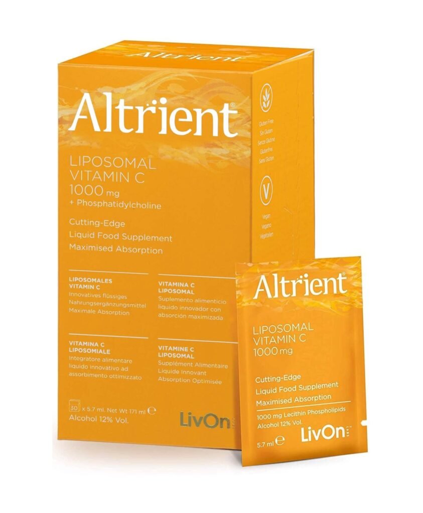 ltrient Liposomal Vitamin C 1000mg box and sachet, a high-absorption liquid food supplement for women