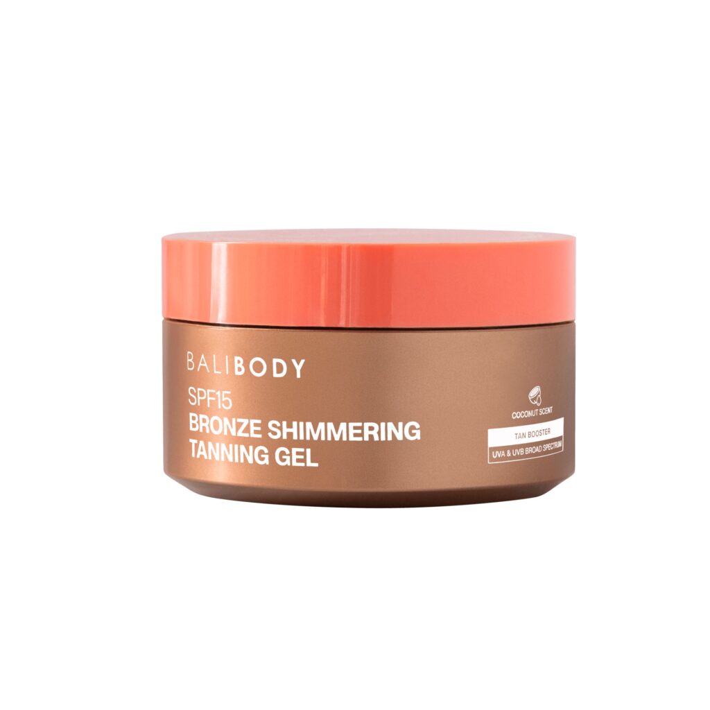 Bali Body SPF15 Bronze Shimmering Tanning Gel – coconut-scented tan booster with UVA and UVB broad-spectrum protection in a bronze and coral jar
