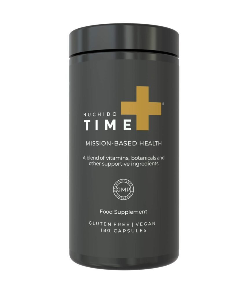Nuchido Time+ all-in-one supplement for women, a vegan capsule blend of vitamins, botanicals, and supportive nutrients for energy, health, and wellbeing