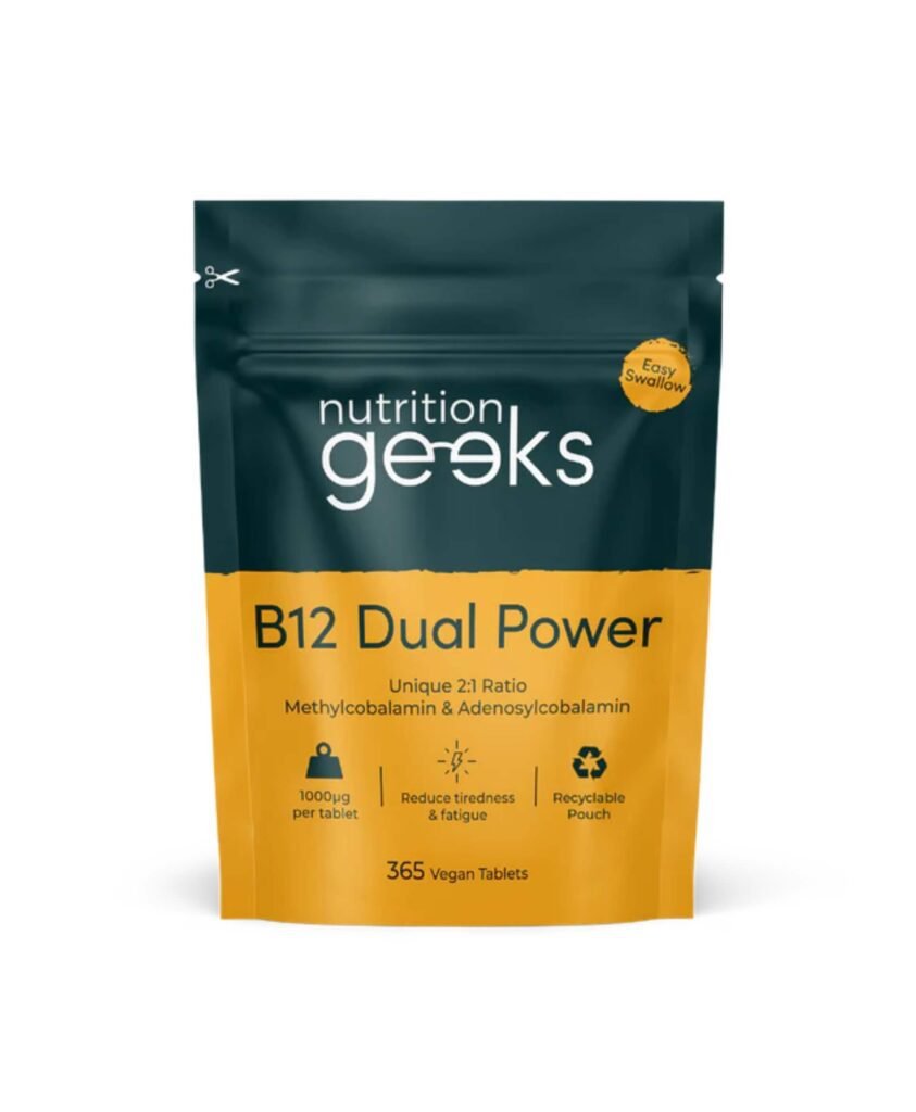 Nutrition Geeks B12 Dual Power supplement with methylcobalamin and adenosylcobalamin to reduce tiredness and support energy for women