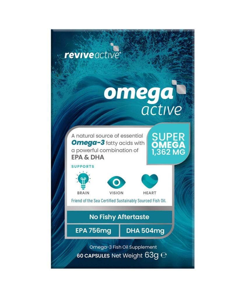 Revive Active Omega Active supplement box containing omega-3 fish oil capsules with EPA and DHA for women's health