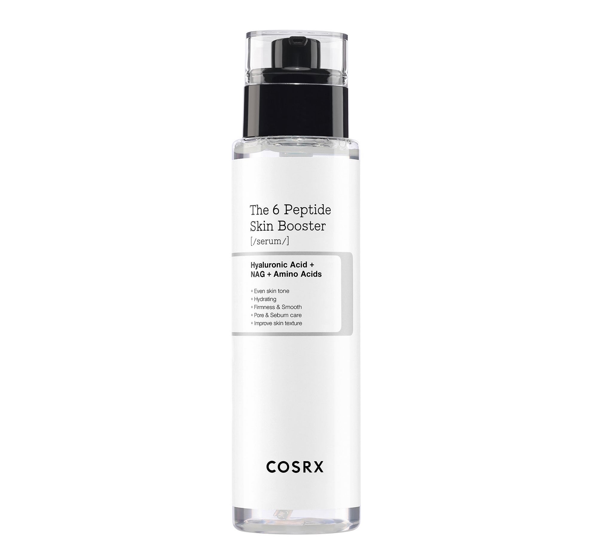 COSRX 6-Peptide Skin Boost Serum in a clear bottle on a white background.