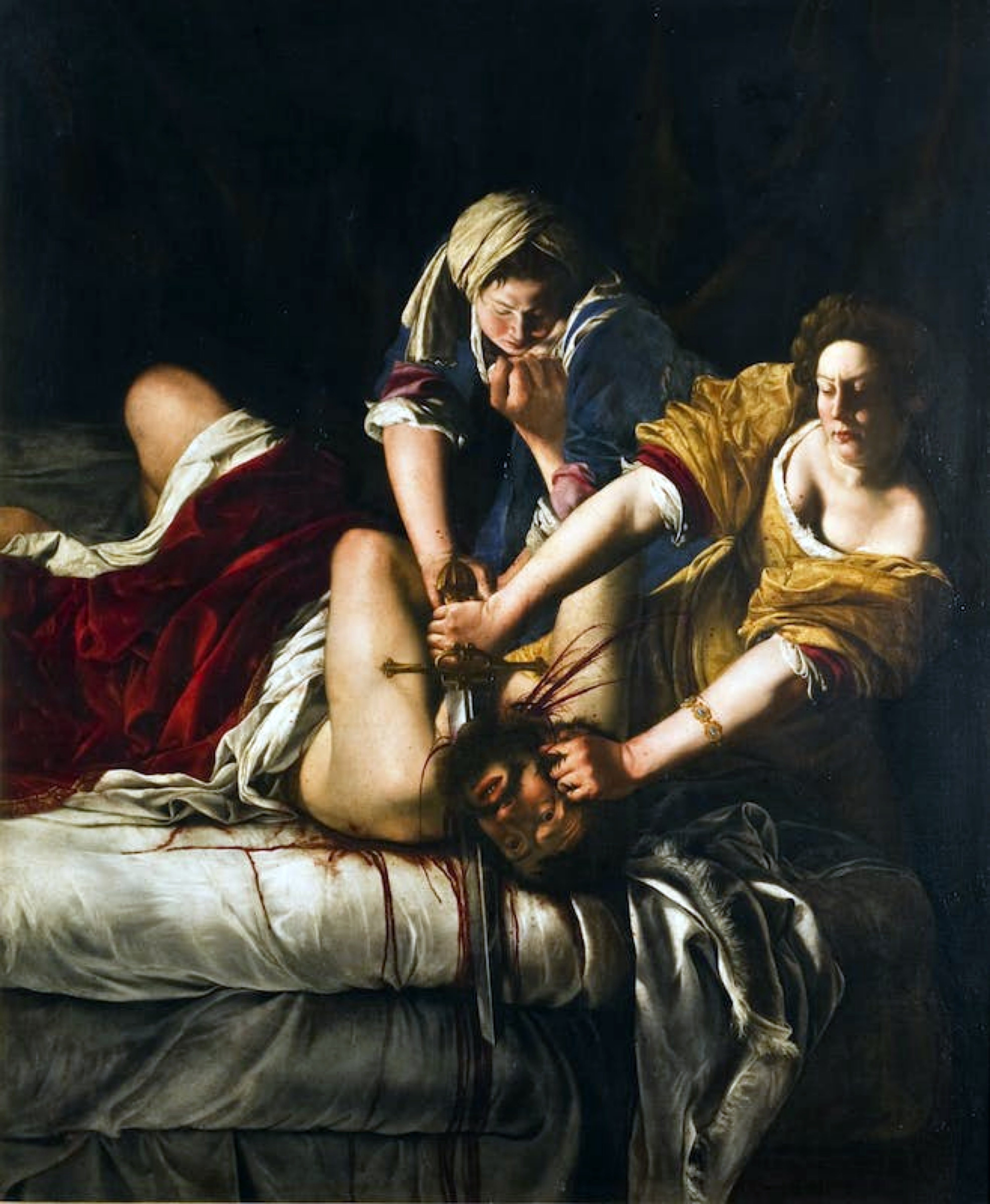 Artemisia Gentileschi painting depicting a woman named Judith as she beheads Holofernes, a tyrant who threatened her city.