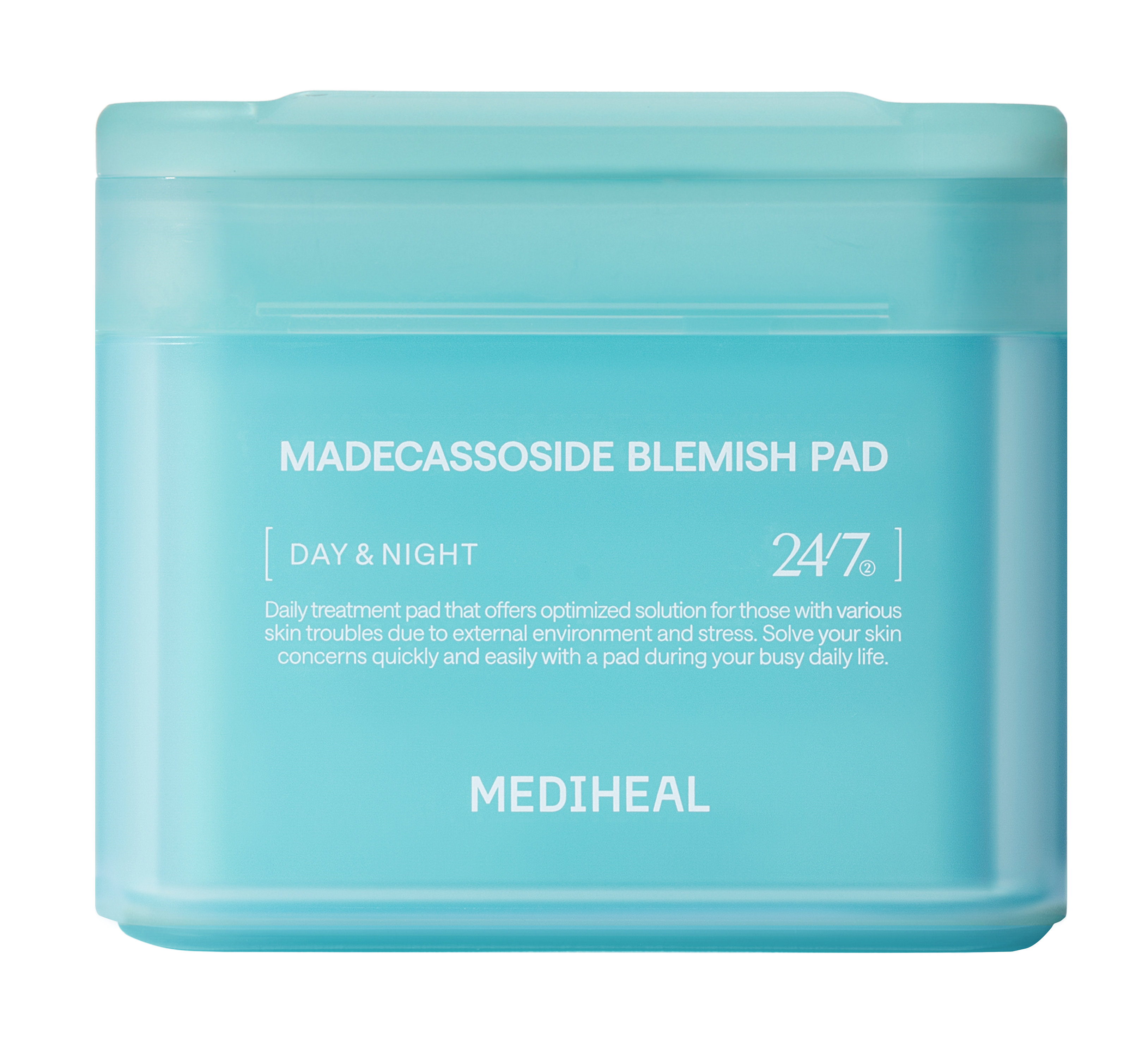 A light blue tub of Madecassoside Blemish Pads on a white background.
