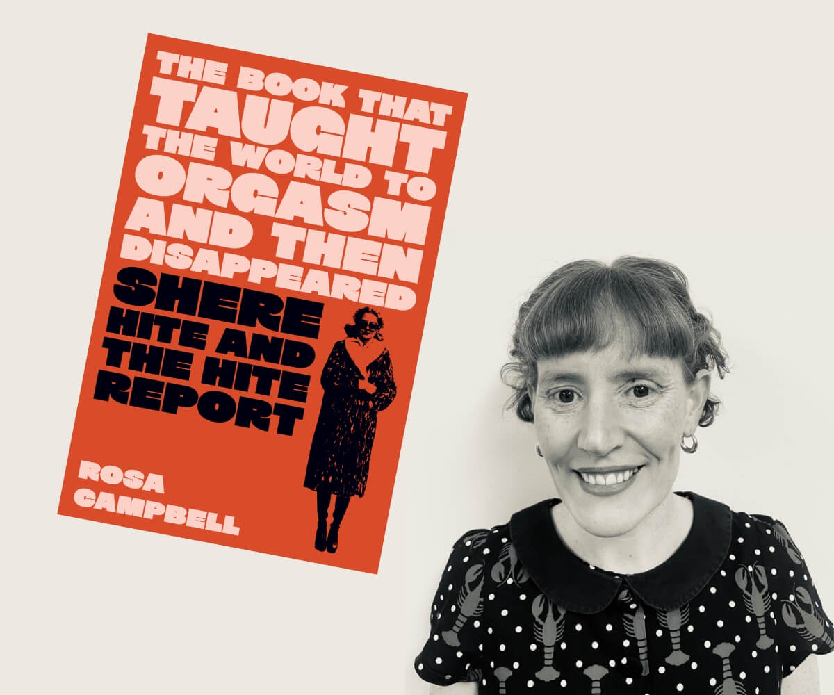 Book cover for The Book that Taught the World to Orgasm and then Disappeared by Rosa Campbell, featuring large bold typography in pink and black against an orange background alongside an illustrated figure of Shere Hite - The Women's Journal Book Review