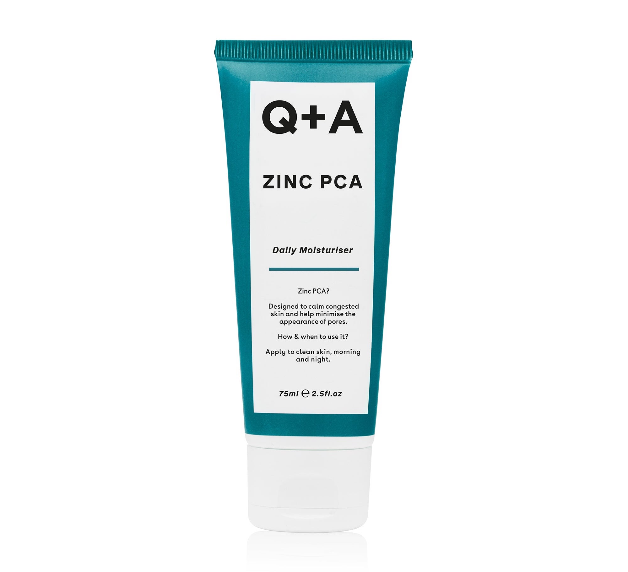 A white and teal tube of Q+A Zinc PCA Moisturiser which Danielle says is the best adult acne treatment