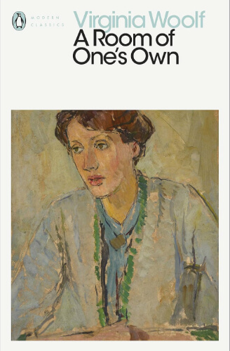Cover of A Room of One’s Own by Virginia Woolf, showing a soft-toned painted portrait beneath a clean, minimal header. The contemplative artwork complements the extended essay’s argument for women’s financial independence and creative space.