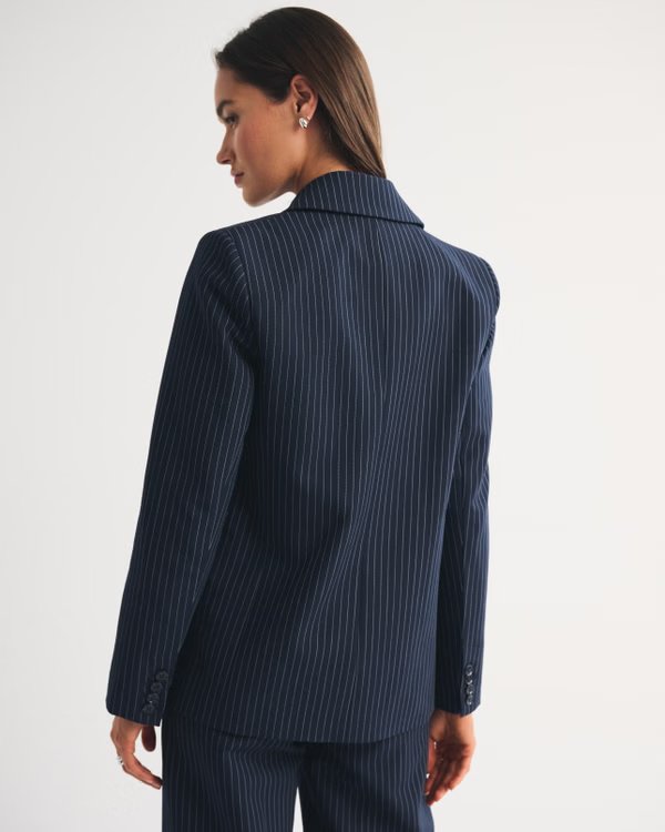 Back view of Abercrombie & Fitch Classic Suiting Blazer in navy pinstripe colour