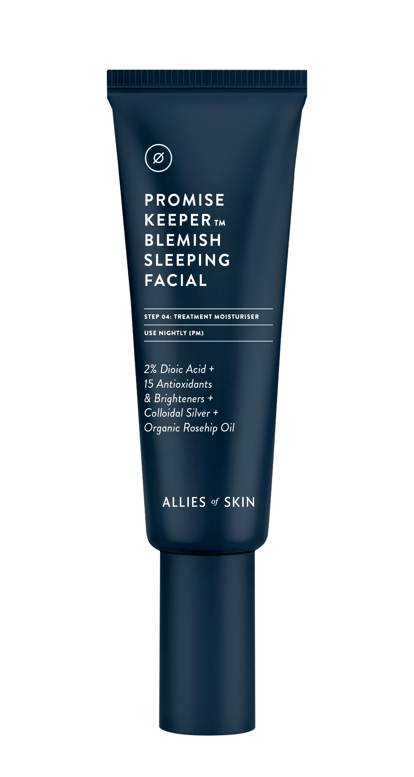 A dark blue tube of Allies of Skin Promise Keeper Blemish Sleeping Facial acne treatment moisturiser labelled with white writing