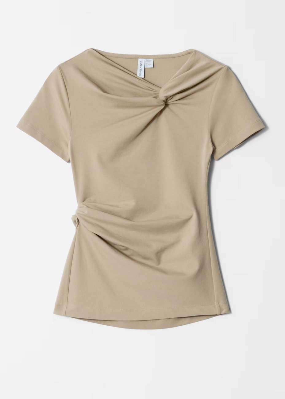 & Other Stories Twist Detail T-shirt in khaki green, a short-sleeve shirt with a twist detail at the front