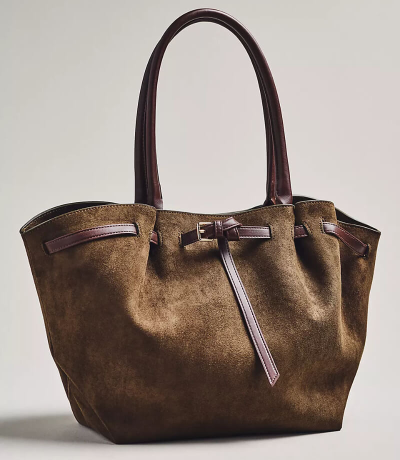 Anthropologie Faux-Suede Belted Tote Bag in brown with leather handles and front belt detail