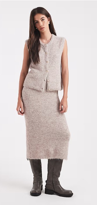 Model wearing ASOS Object gold button front detail knitted vest co-ord in hummus melange, a skirt and top option for women's workwear