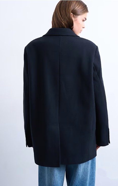 Back view of Topshop twill heritage blazer with wool in navy, a relaxed fitting oversized women's blazer