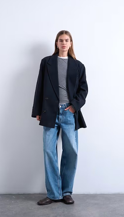 Model wearing Topshop twill heritage blazer with wool in navy, a relaxed fitting oversized blazer for women