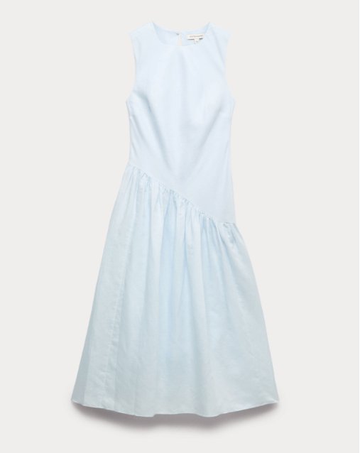Front view of M&S Autograph Linen Rich Asymmetric Midaxi Dress in dusty blue, a light blue sleeveless dress with an asymmetrical gathered waist