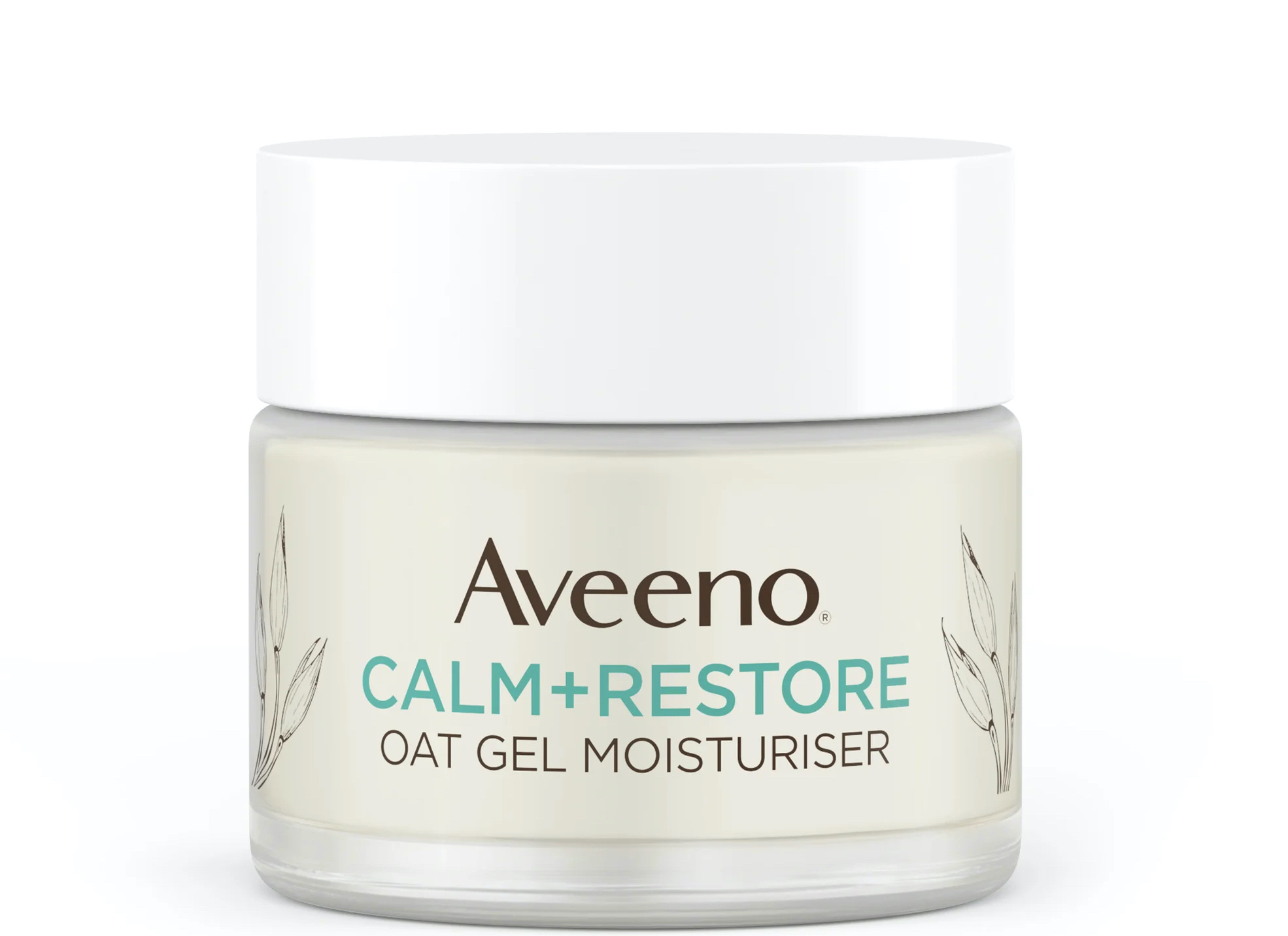 A glass pot of the Aveeno Calm + Restore Oat Gel Moisturiser with white lid on a plain background