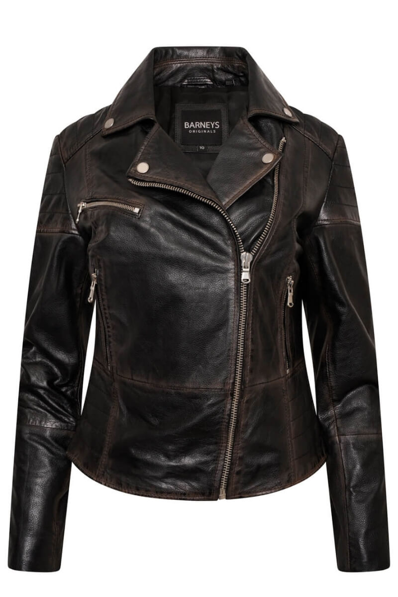 Barneys washed Clara leather biker jacket featuring zippers and snap buttons
