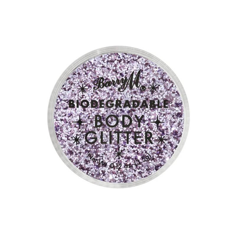 Round container of biodegradable purple body glitter from Barry M with a clear lid