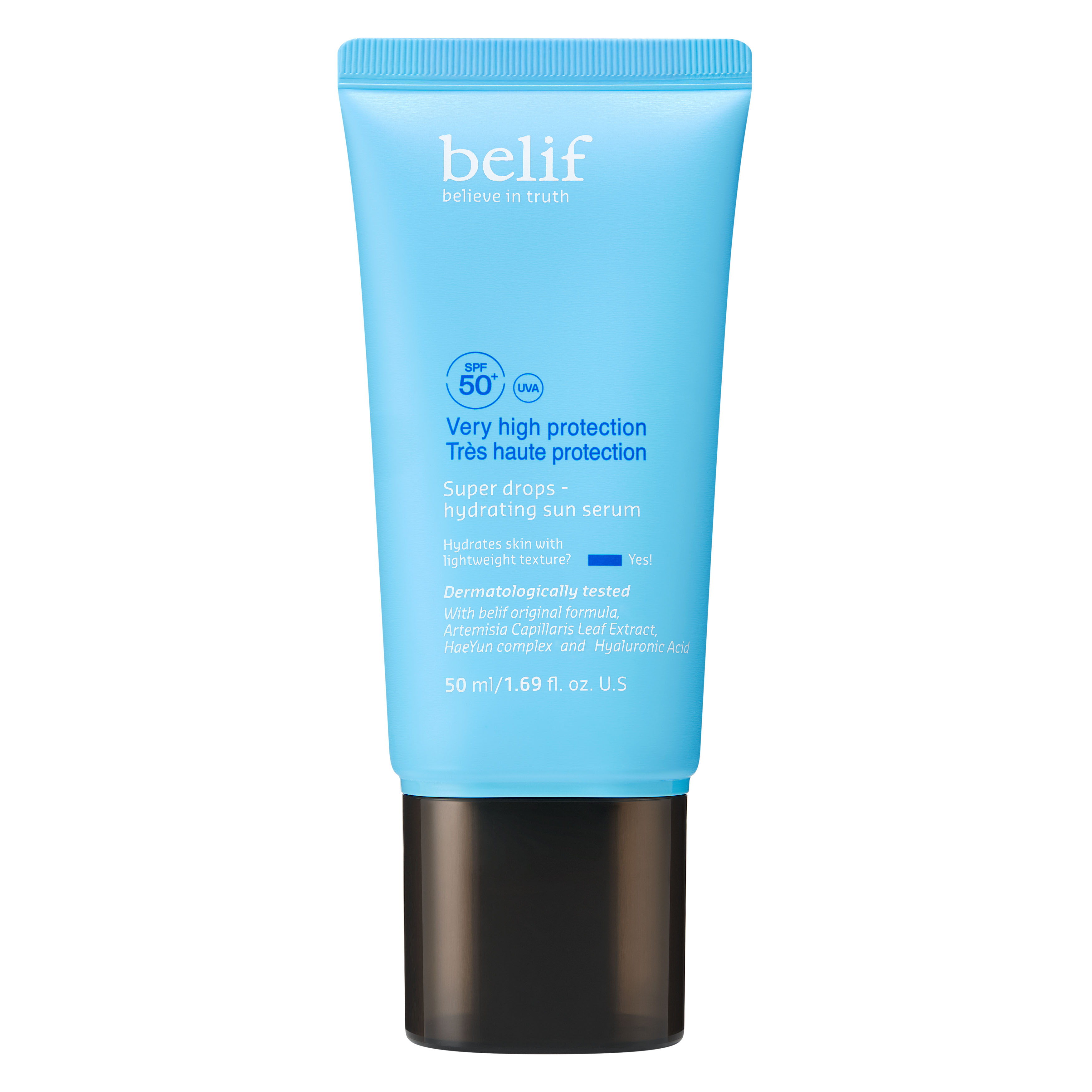 Belif Super Drops Hydrating Sun Serum SPF 50+ sunscreen in a light blue tube with a dark cap, displayed on a white background.