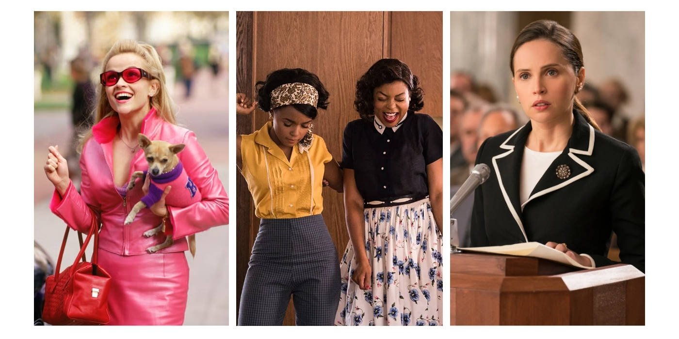 Reese Witherspoon wearing a pink suit and sunglasses and holding a Chihuahua in 'Legally Blonde', Taraji P. Henson and Janelle Monae dancing together in 'Hidden Figures', and Felicity Jones taking the stand in 'On the Basis of Sex'.