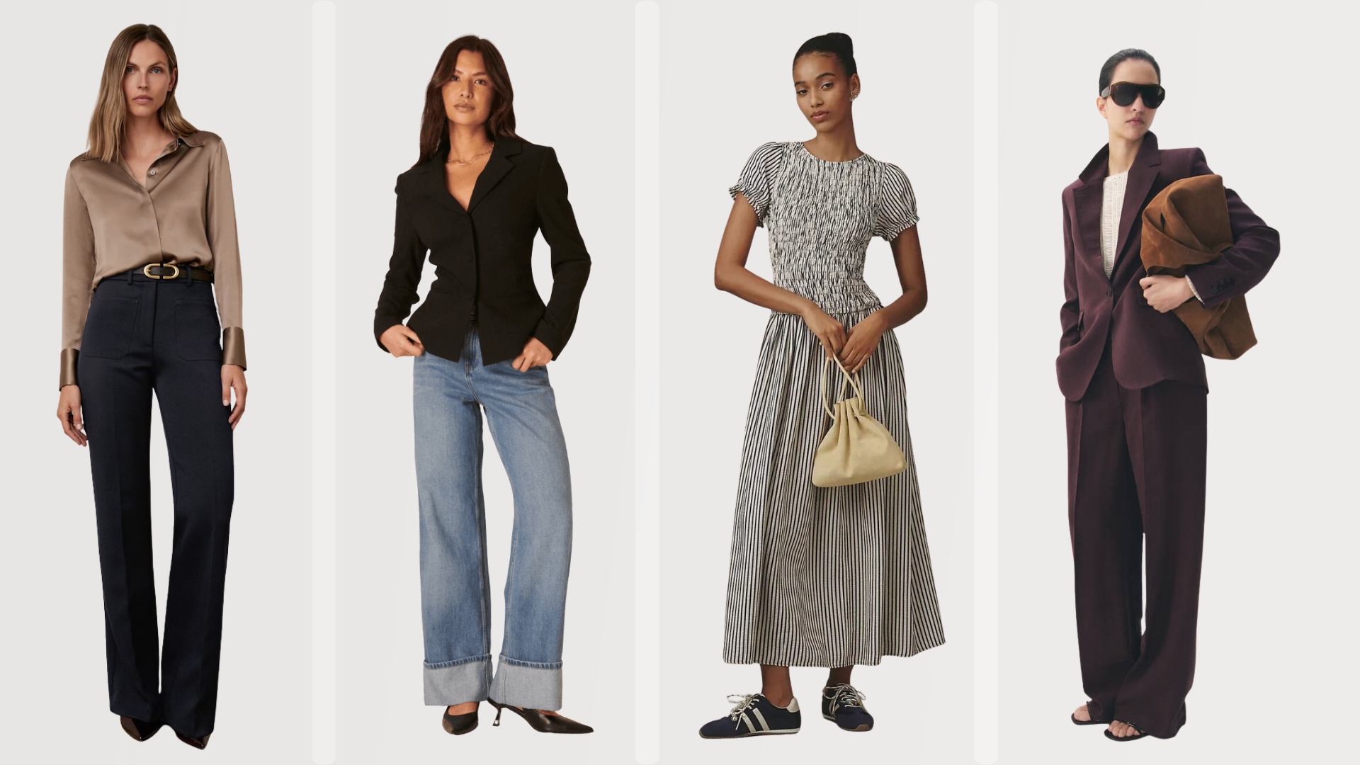 Four women wearing stylish workwear outfits, including a blouse with trousers, a blazer with jeans, a striped dress, and a tailored suit - best workwear for women