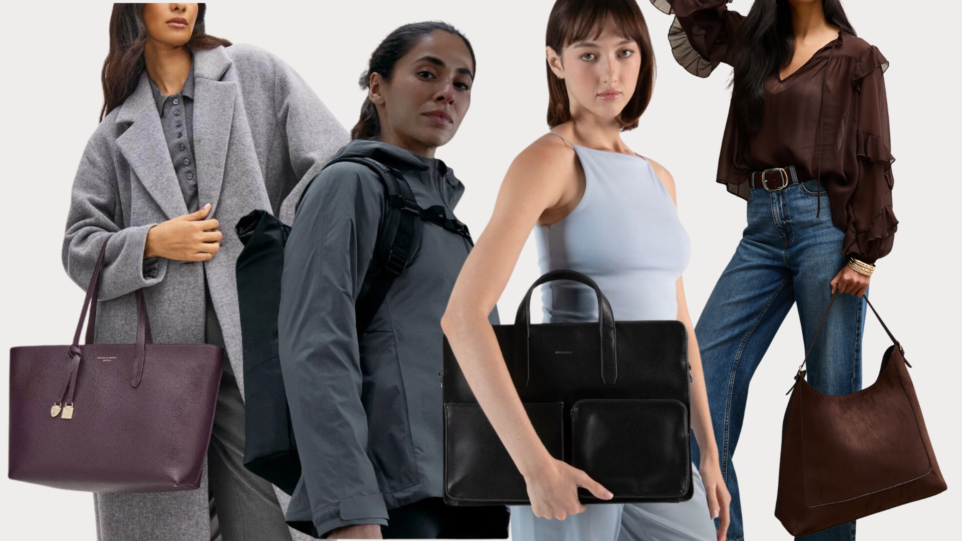 Collage of women modelling different work bags including tote bags, a backpack and a brown shoulder bag