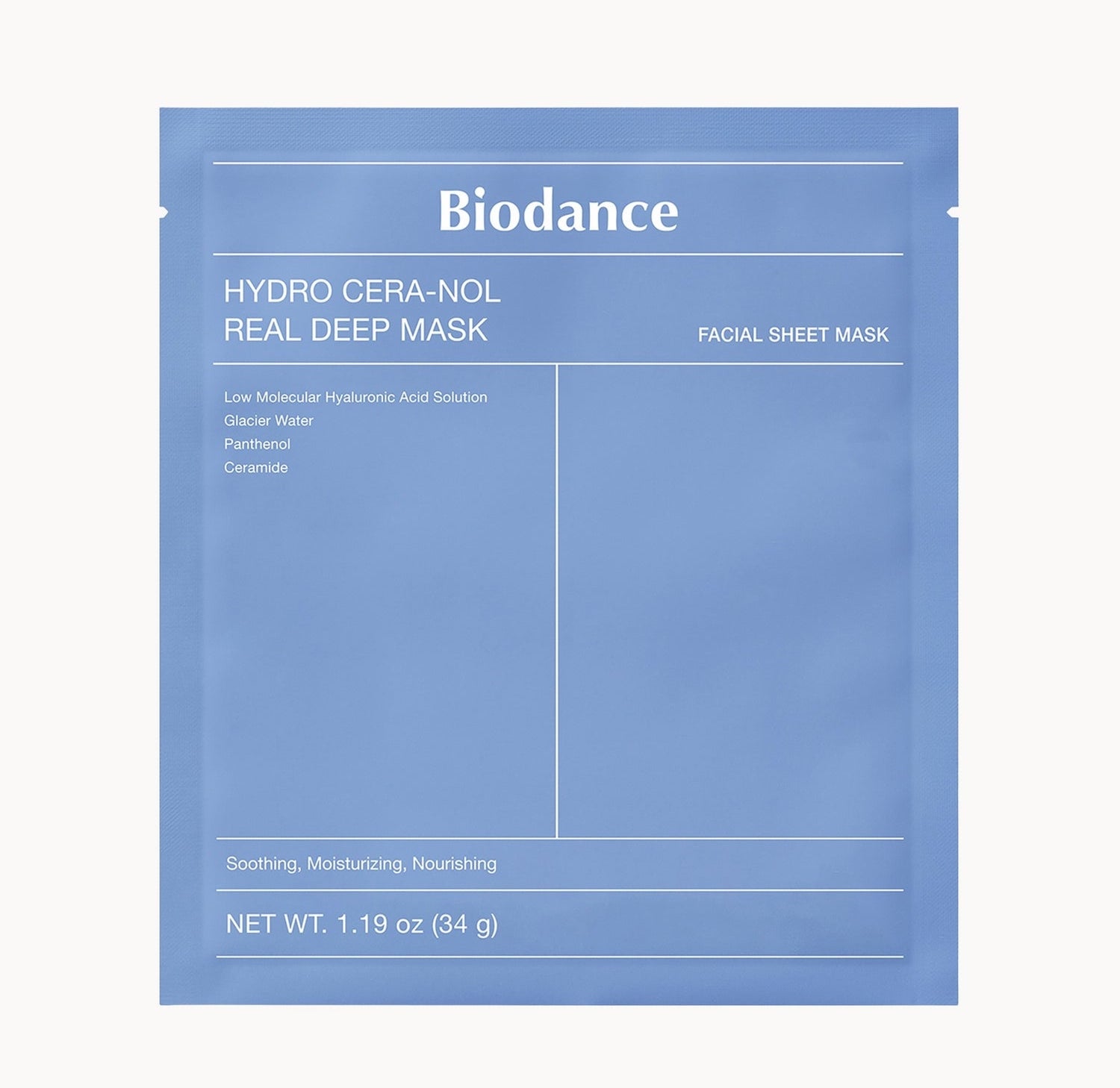 Biodance Hydro Cera-Nol Real Deep Mask facial sheet mask in a blue sachet packet, featuring hyaluronic acid, panthenol, and ceramide for soothing and moisturising skin