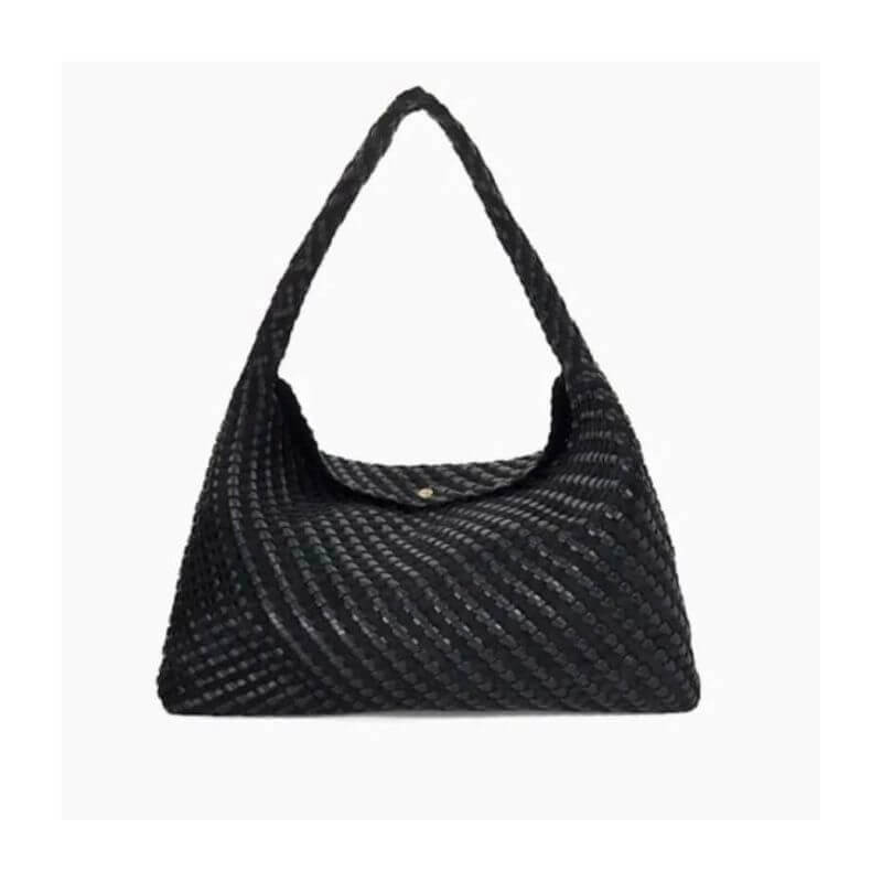 Dune Deliberate XL black woven shoulder bag with single strap.