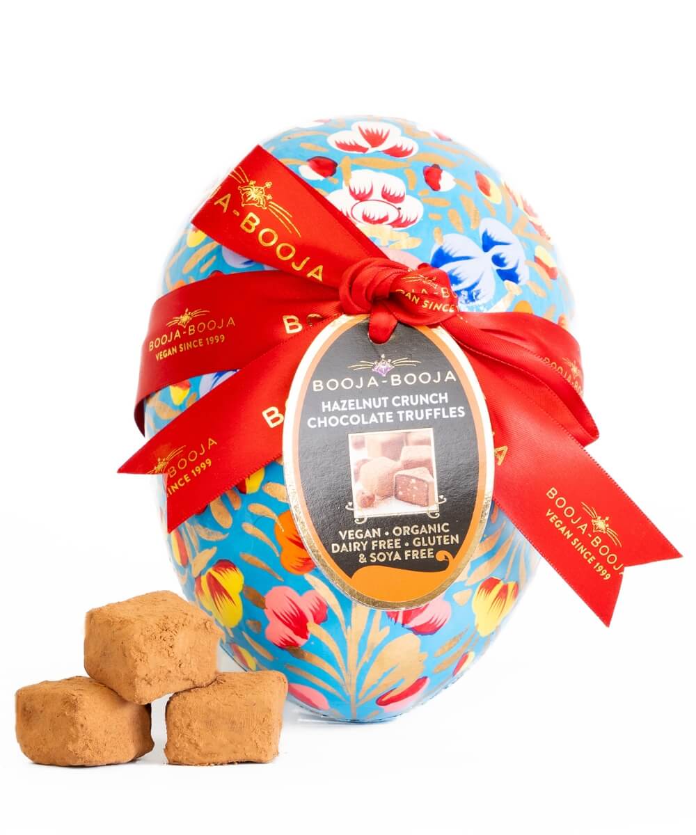 Booja-Booja Hazelnut Crunch Large Easter Egg with vegan organic chocolate truffles in colourful floral egg gift packaging.