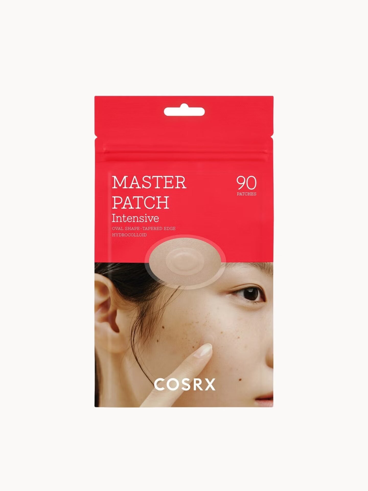 COSRX Master Patch Intensive packaging, featuring a design with a red background and an image of a person with clear skin pointing to a blemish