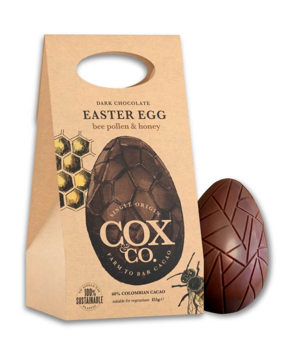 
Cox & Co 60% Colombian dark chocolate Easter egg with bee pollen and honey in brown kraft packaging with honeycomb design